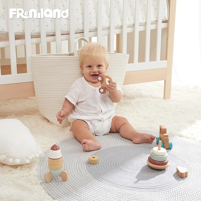 FReniland Wooden Montessori Toys, 4-Piece Wooden Baby Toy, Rainbow Stacking Ring,Car Push and Pull Toy, Rocket Stacking Ring Babys Toys,Newborn Baby Gift Sets for Boys and Girls