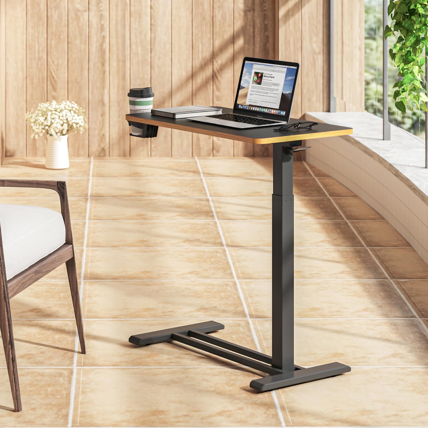 SANODESK Medical Adjustable Overbed Bedside Table with Hidden Casters, Pneumatic Mobile Laptop Computer Standing Desk Cart with Tray, Hospital and Home Use(27.6" W x 15.7" D, Black)
