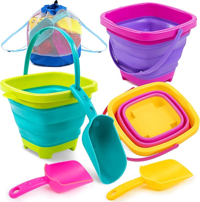 Sloosh 3 Packs Foldable Bucket - Collapsible Bucket with Sand Shovels and Mesh Backpack for Kids Toddlers Beach Toys, Easter Egg Hunt, Camping, Travelling and Fishing Water Pail (Pink/Purple/Green)