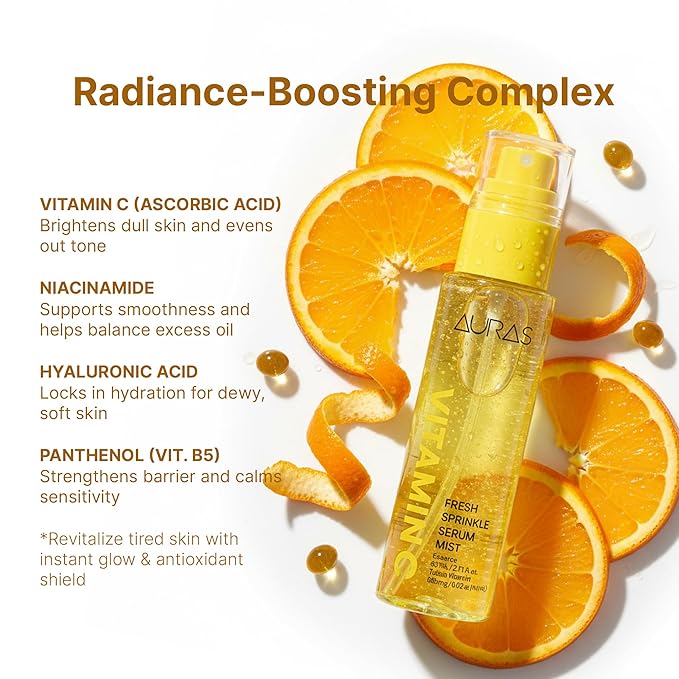 Auras Vitamin C Glow Mist K-Beauty | Fresh-Activated Brightening Spray Serum with Antioxidants, Hydrating Korean Skincare Toner Mist for Dull, Dry Skin & Radiance- 3.4 fl oz