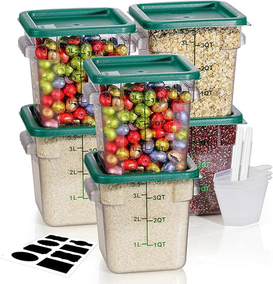 8QT NSF Food Storage Containers: 6PCS [Food Grade][Hot&Cold Resistant] Commercial Clear Food Storage Containers with Lids for Restaurant Kitchen Proof Dough, Measuring Spoons Included(GREEN, N)