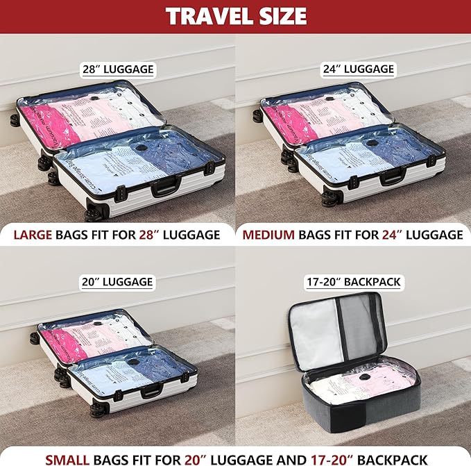 SUOCO Travel Vacuum Bags for Luggage with Portable Electric Pump, 8 Combo (2L/3M/3S) Packing Seal Bags for Clothing Suitcase Backpack, Space Saver Compression Clothes Storage Bags