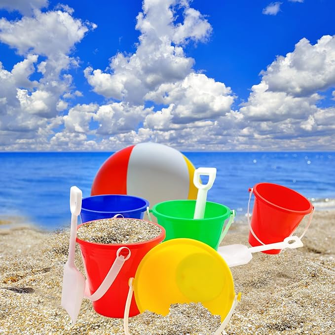 The Dreidel Company Beach Day Playsets (Pack of 12) 5.25" Sand Bucket Play Set Box Includes, Pail & Shovel Sand Toy for Boys and Girls Birthday Party Favor