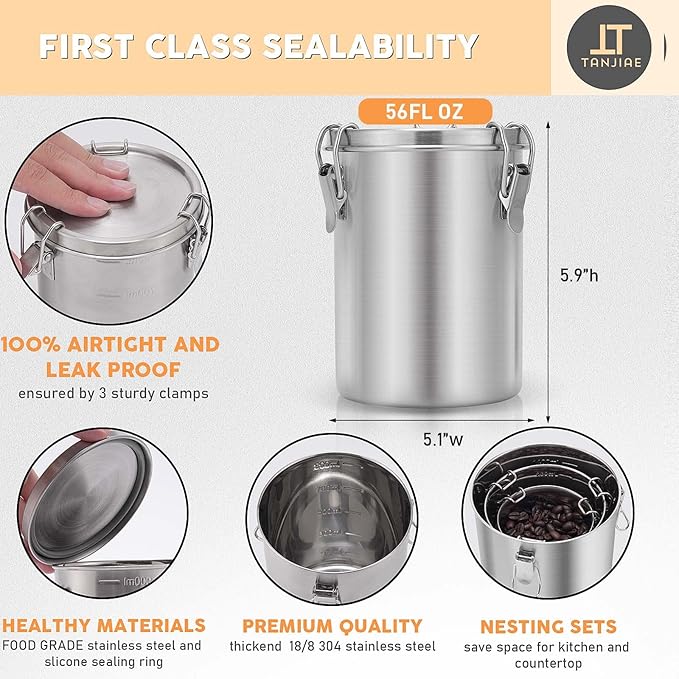 Tanjiae Stainless Steel Coffee Canister | 100% Airtight Metal Food Storage Container with Lid Sealed - Keep Coffee Beans, Sugar, Tea Fresh for Months (56 fl oz)