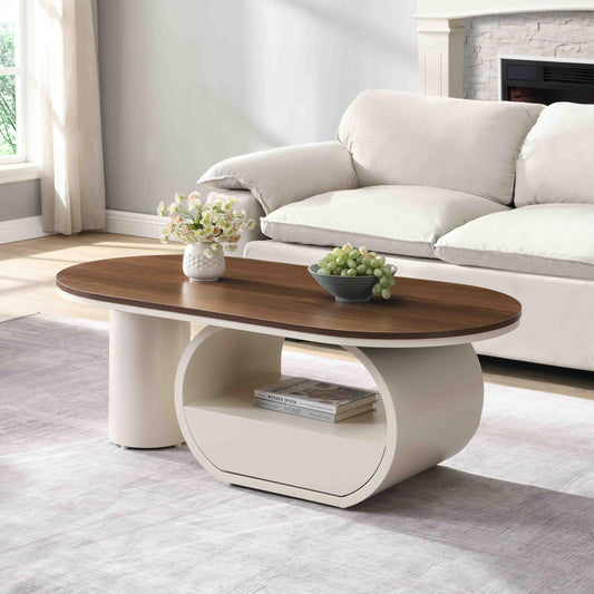 47.24'' Modern Coffee Table, Luxury Oval Coffee Table with Storage Drawer and Shelf, Metal Center Table for Living Room ﻿ (Antique White+Brown)