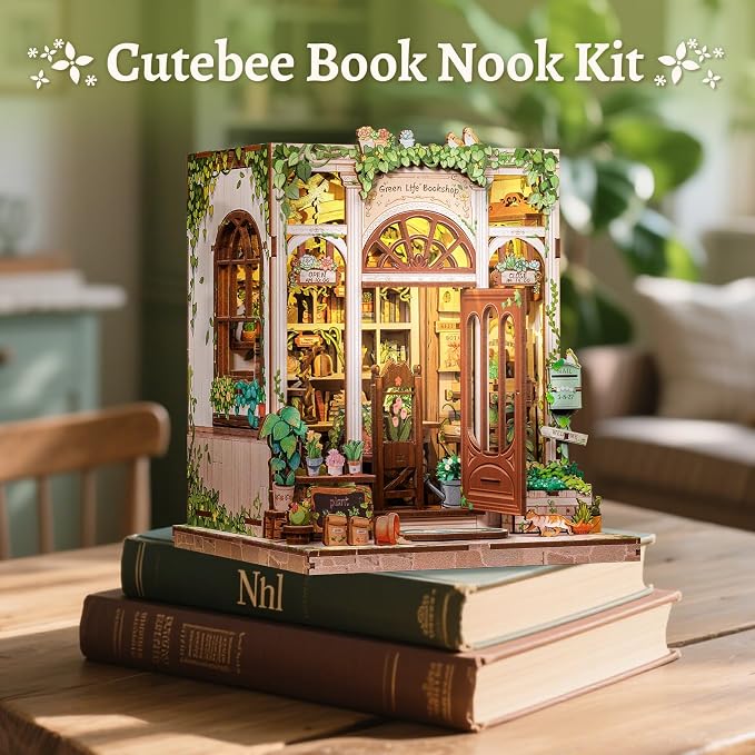 CUTEBEE Book Nook Kit - DIY Miniature House Dollhouse Kit for Adults and Teens, Booknook Tiny House Bookshelf 3D Wooden Puzzle, Gifts for Family (Green Life Bookshop)