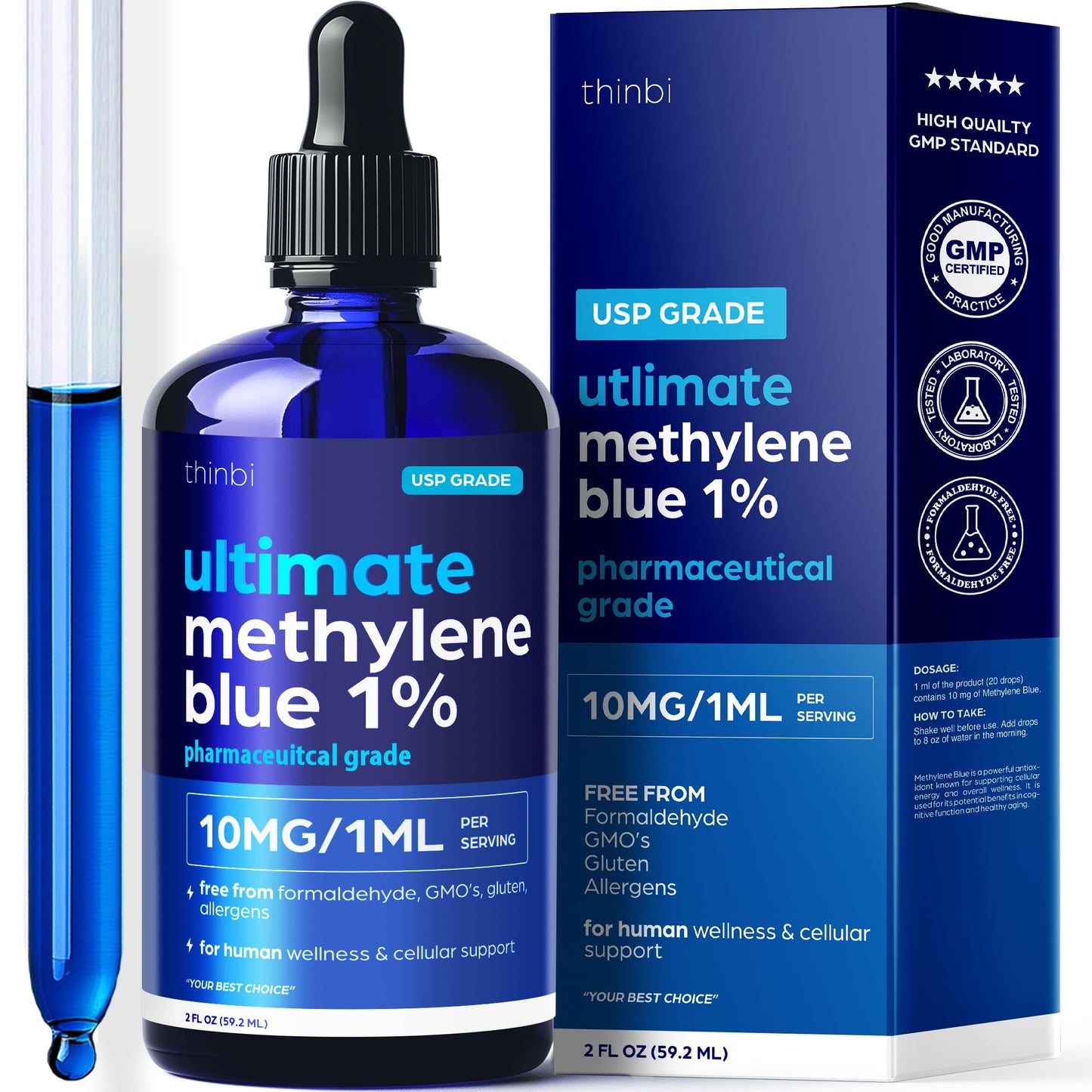 Methylene Blue Pharmaceutical Grade 2oz– USP Grade 1% Solution with Balanced Electrolyte SolutionThird-Party Tested Brain Health Supplement for Humans –No Formaldehyde High Cognitive Support