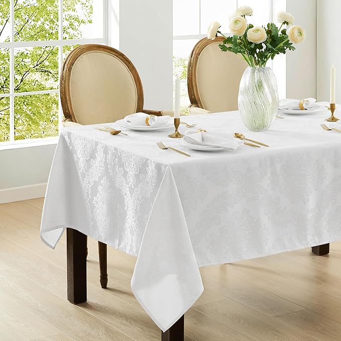 Newbridge Barcelona Luxury Damask Fabric Tablecloth, 70” Extra Wide x 108” Rectangle, White, 100% Polyester, No Iron, Soil Resistant Dining Room, Party and Banquet Table Cover