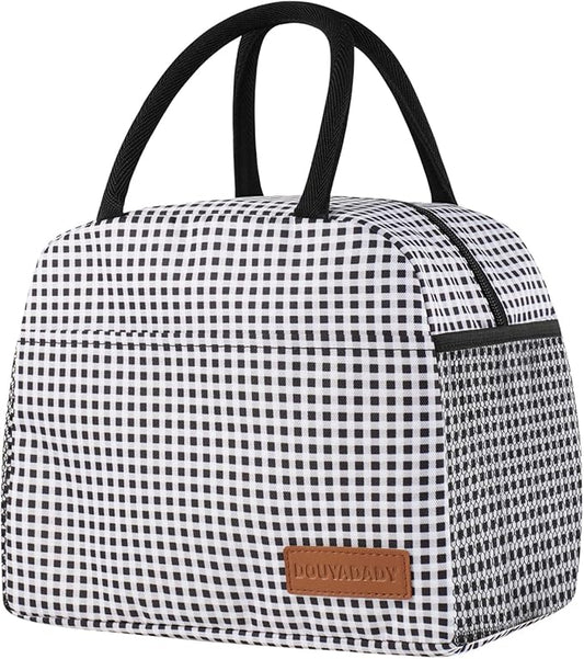douyadady Lunch Bag Women/Men Lunch Box Women/Men (Black+White Grid)