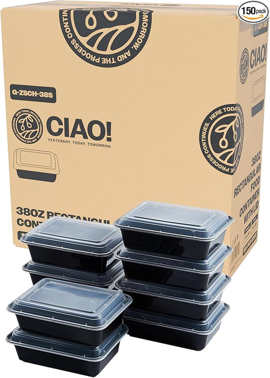CIAO! Heavy Weight 38oz Injection Molded Microwavable Black Rectangular Food Container with Lid (150/case)