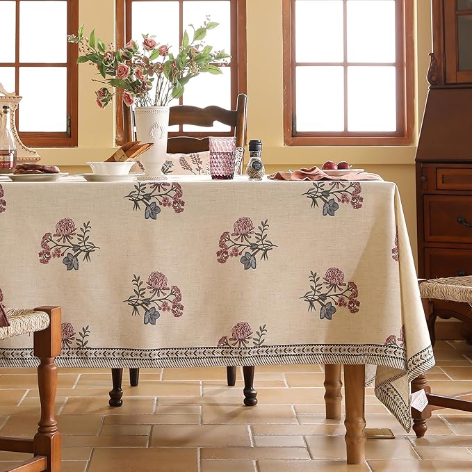 ISAENNE Designer Linen Light Beige Rectangular Tablecloth,French Colorful Floral Table Cloth,Stain Resistant Decor Tablecloths for Dining Thanksgiving Christmas Kitchen,55"*79"-Helena E