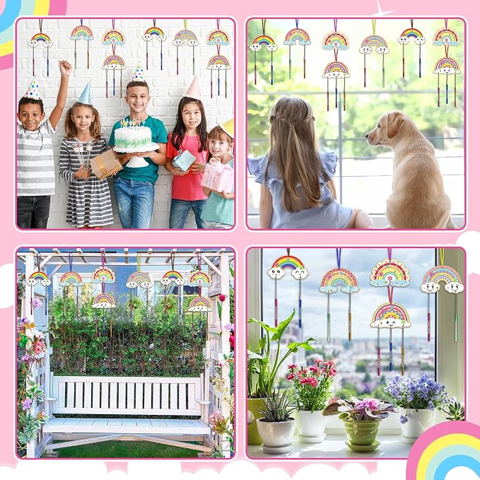 Fennoral 10 Rainbow Wind Chime Craft Kits for Kids Make Your Own Wind Chime Ornament DIY Coloring Wooden Art and Craft for Classroom Art Projects Spring Summer Birthday Decorations