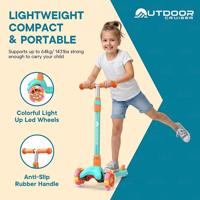 Outdoor Cruiser 3-Wheel Kids Scooter – with Lean-to-Steer Technology, Led Lighted Wheel, 4-Level Adjustable Height T-bar Handle, Support Kids Up to 150 Lbs, for Boys & Girls Ages 3-8, Aqua and Orange