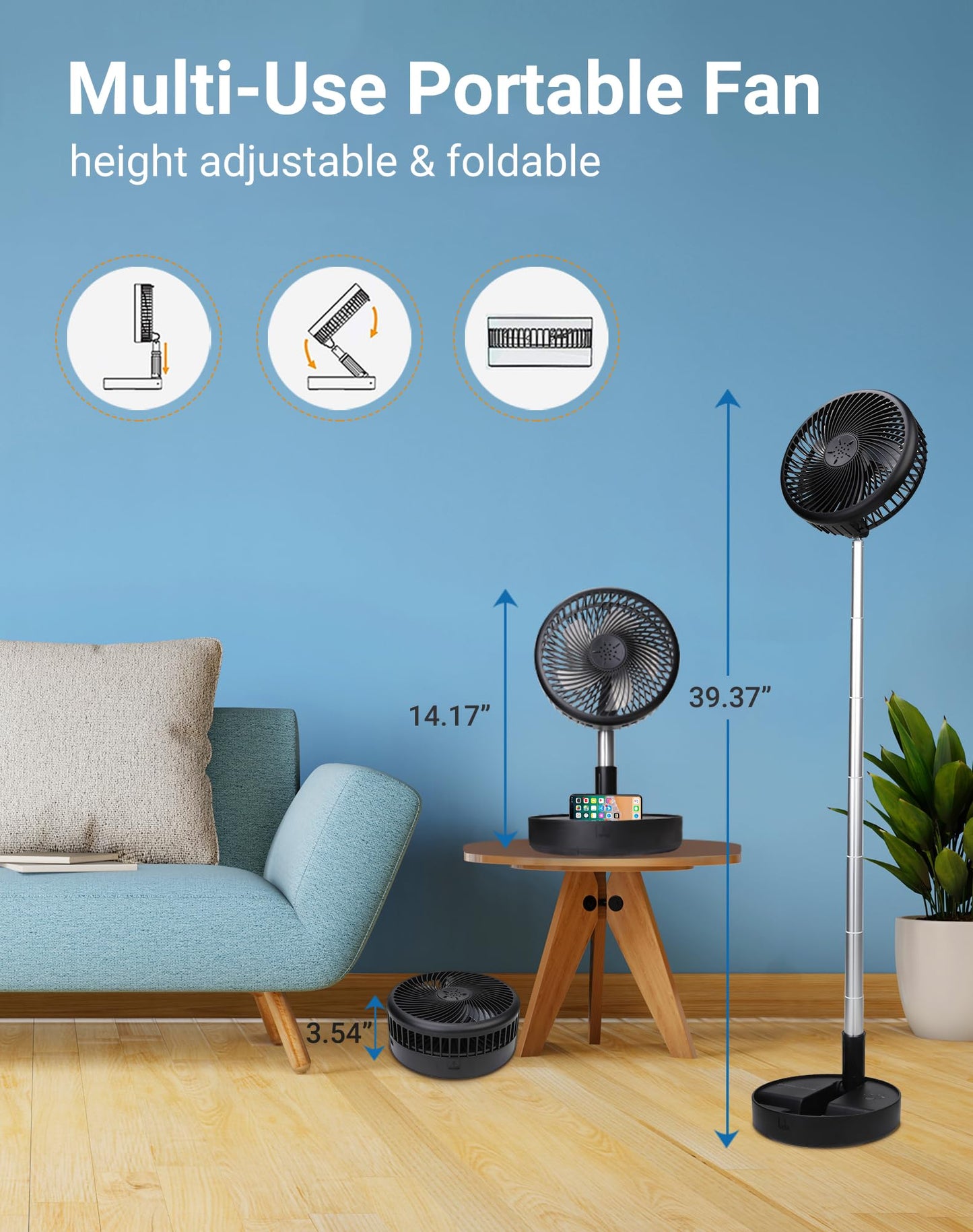 Primevolve Battery Operated Fan,Portable Rechargeable USB Floor Table Desk Fan with Adjustable Height, 4 Speed Settings Pedestal Fan for Bedroom Camping Travel,Black 7.7"