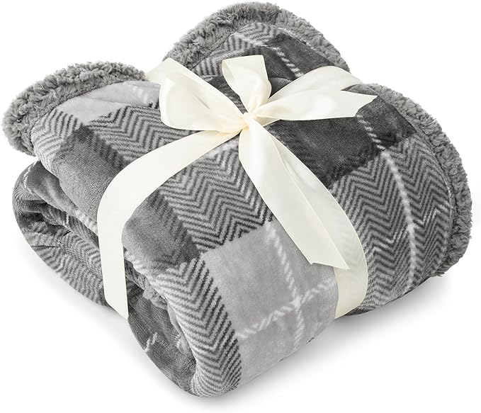 Pavilion Light Grey Plaid Sherpa Throw Blanket for Couch Twin, Plush Flannel Fleece Throws, Soft Fuzzy Cabin Blanket for Sofa Bed, Warm Cozy Winter Gift, 60x80