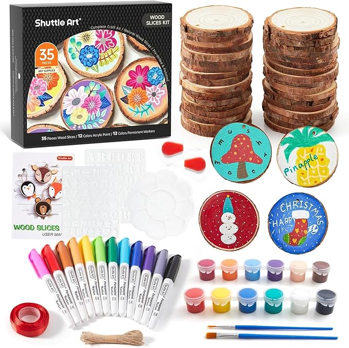 Wood Slices Kit, Shuttle Art 35 PCS Unfinished Natural Wood Slices with Pre-Drilled Hole, Acrylic Paint, Permanent Markers, Jute Twine, DIY Craft for Kids Adults Holiday Decoration Christmas Ornaments