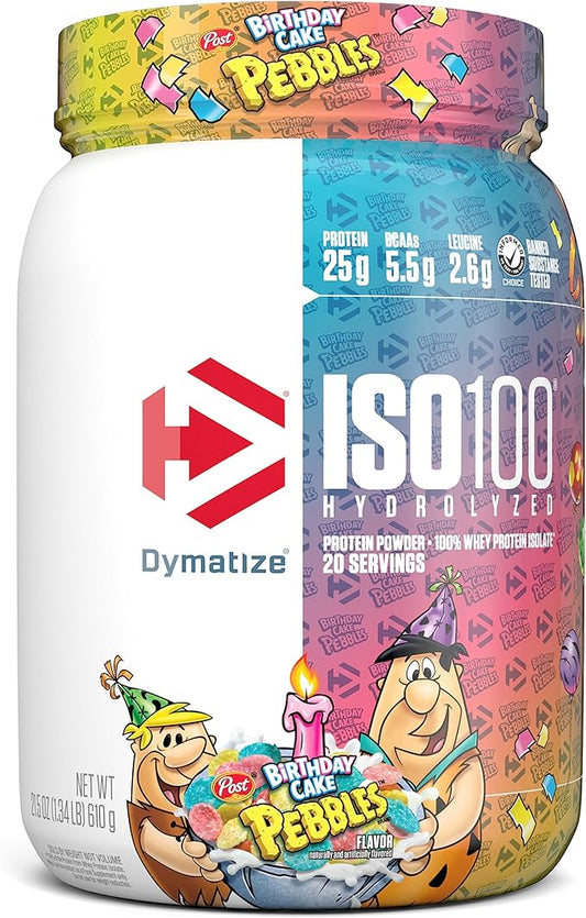 Dymatize x Birthday Cake Pebbles ISO100 Whey Protein Powder Isolate, 25g of Protein, 20 Servings, 5.5g BCAAs, 120 Cal., Gluten Free, 1g Fat, 1g Sugar, 2g Carb