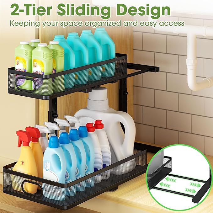 Under Sink Organizer 2-Pack, Metal 2-Tier Pull-Out Cabinet Shelf with Slide-Out Mesh Drawers, Height Adjustable, Space-Saving Under Sink Storage Racks for Kitchen, Bathroom, Laundry Room