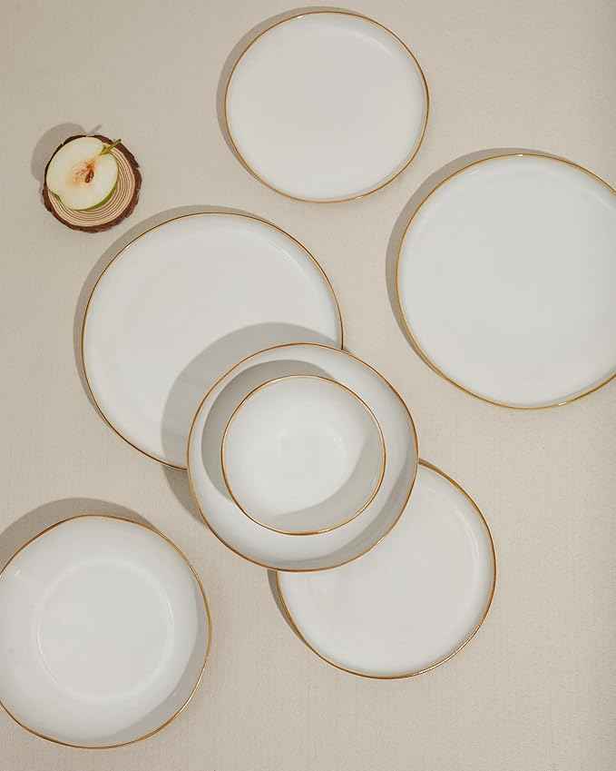 Dinnerware Set for 4, Ceramic Dish Set, Plate and Bowl Set, Microwave & Dishwasher Safe Dishware Set, Chip & Scratch Resistant Dinner Sets, Irregular Edge Design, White
