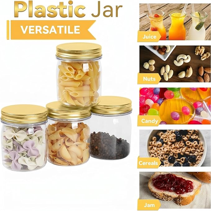 novelinks 8 oz Clear Plastic Jars with Airtight Lids, 24 Pack Plastic Mason Jars with Lids 8oz, Refillable Storage Slime Containers & Small Spice Jar for Kitchen Organization (24 Pack,Gold)