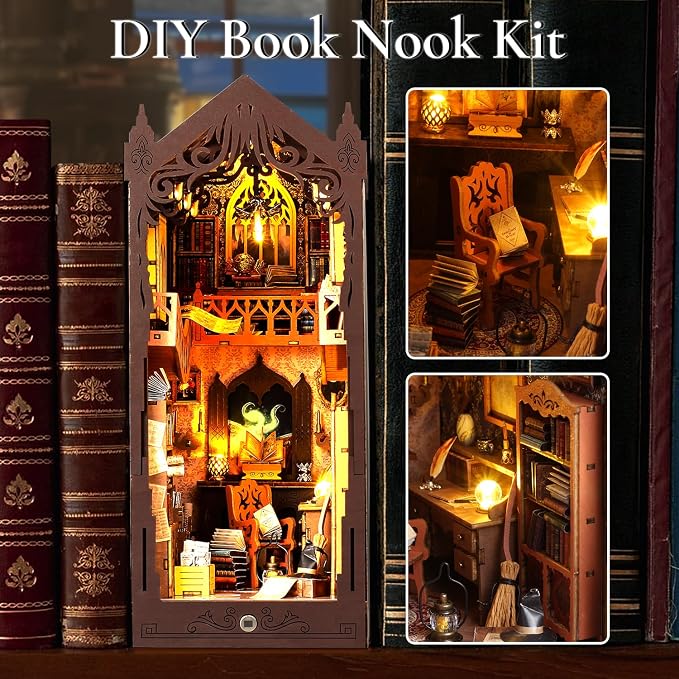 TuKIIE DIY Book Nook Miniature Kit, Booknook Dollhouse Bookshelf Insert with Sensor Light & Dust Proof, Wooden Decorative Bookend Stand Model Kits for Kids Teens Adults(Magic Library)