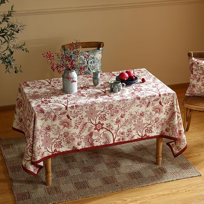 ISAENNE Designer French Linen Square Tablecloth,Red Floral Washable Indoor Table Cloth,Durable Home Decor Tablecloths for Dining Thanksgiving Kitchen Tea Party Christmas,67"*67"-Ruyi A