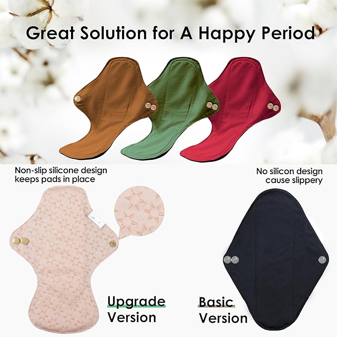wegreeco 6 Pcs Reusable Menstrual Pads, Ultra Absorbent Cloth Pads for Heavy Flow, Sanitary for Teens, Women, Nonslip, Inner Aqua, Burgundy, Coffee, Rose Gold Outer, S