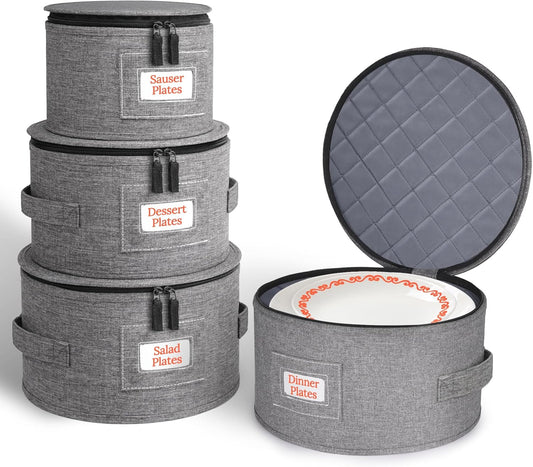 China Storage Containers, 4 Piece Rigid-Shell Dinnerware Storage with Felt Dividers, Stackable Fine China Storage for Plates, Bowls, Glassware, Kitchen Dish Organizer for Moving