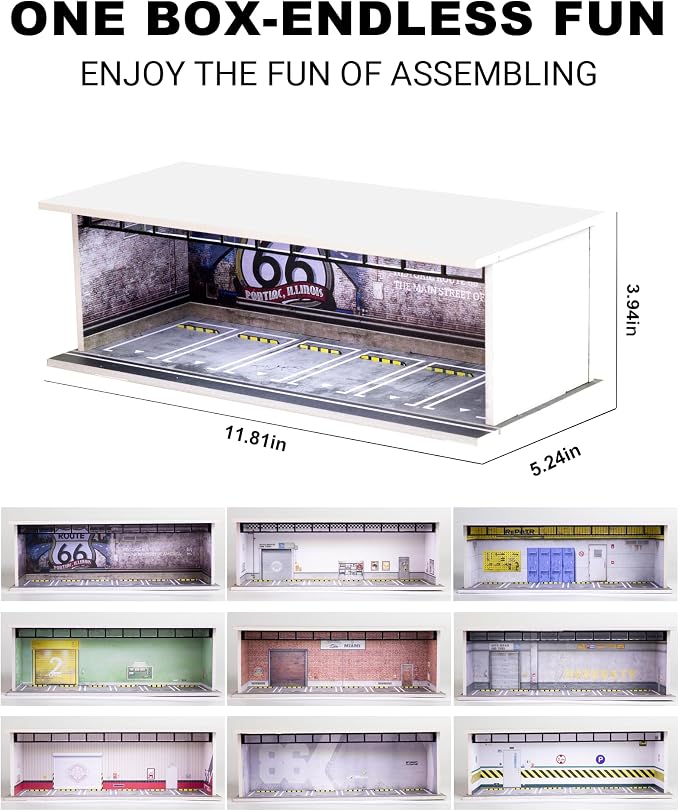 1/64 Scale Display Case Car Garage Moldel, Acrylic Cover Diecast Car Show Case with LED Light 6 Parking Spaces, Hot diecast Wheel Parking Scene (Vehicles Not Included) 86 Graffiti