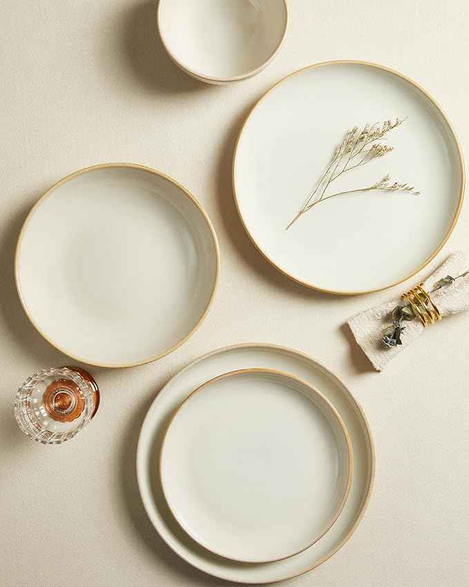 16 Piece Double Bowl Dinnerware Sets with Pasta Bowls, Highly Chip and Crack Resistant Plates and Bowls Sets, Natural Earthyware Ceramic Dishware Sets, Service for 4 Yellow White