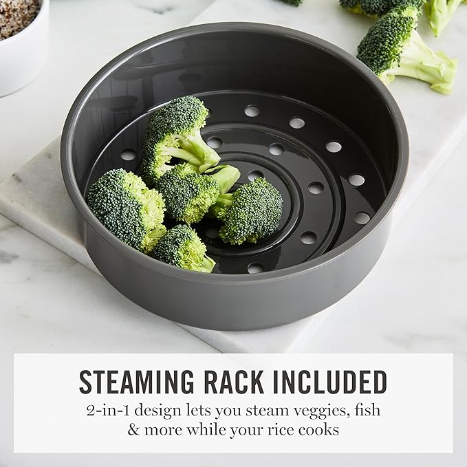 Martha Stewart Rice Cooker, 4 Cup (Uncooked) / 8 Cup (Cooked), Ceramic Non-Stick Removable Pot, Keep Warm, Measure Markings, Steam Basket, Brown & Sushi Rice, Quick Cook, Quinoa, Grains, Oats, Linen White
