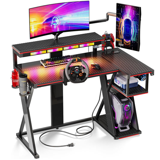 Bestier Computer Desk with Music Sync Light, Flow Vibe Corner Desk with Monitor Stand and PS5 Storage Shelves, Cup Holders, and Headset Hooks for Bedroom Small Space (Black Red, 42 Inch)