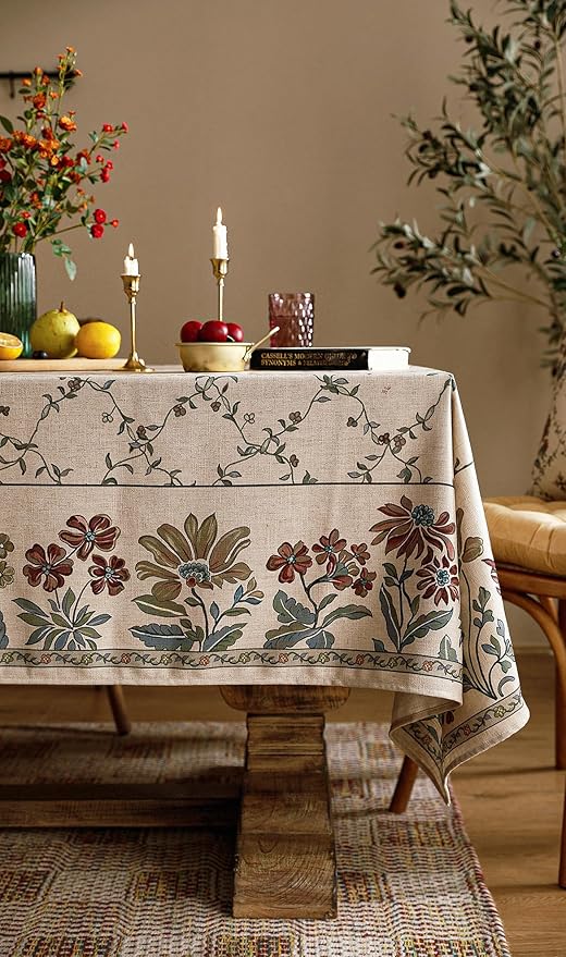 patdrea Designer Linen French Long Tablecloth for Rectangle Table,Fall Country Breathable Floral Tablecloths,Table Cover for Kitchen Dining,Tea Party,Christmas,Thanksgiving,63"x102"-Oliveirad