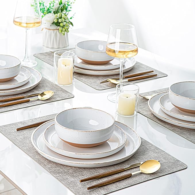 AmorArc Ceramic Dinnerware Sets with Pasta Bowls for 4, Handpainted Plates and Bowls Set with Rustic Terracotta Underside, Scratch Resistant Dishes Set, Dishwasher & Microwave Safe, 16 Pcs-White