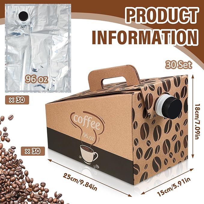 Dandat 30 Pack Disposable Coffee Dispenser Box 96 oz - Thick Hardboard Insulated Coffee to Go Container with Handle & Lids, Hot Cold Bulk Beverage Dispenser for Parties, Catering, Take Out