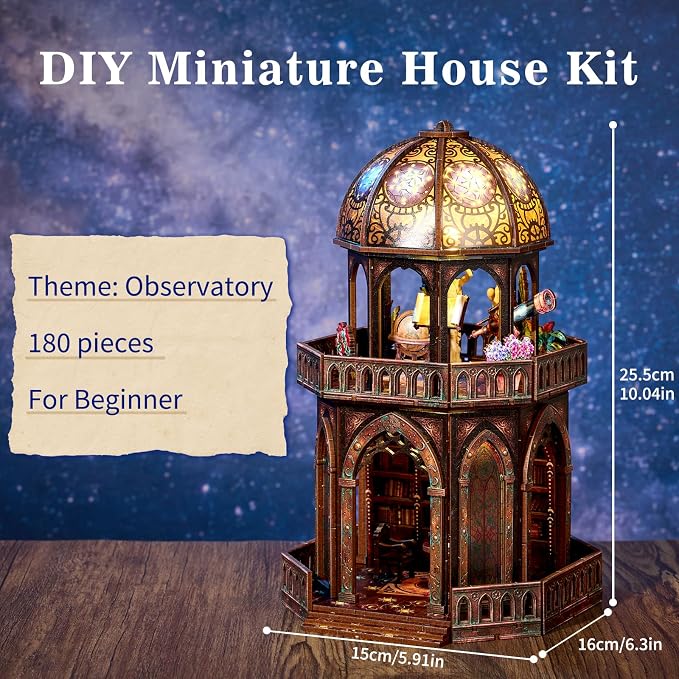 DIY Miniature House Kit,Steampunk Observatory for Adults to Build, Birthday/Christmas Day Gift for Family and Friends, 3D Wooden Dollhouse with LED Lights,Observatory
