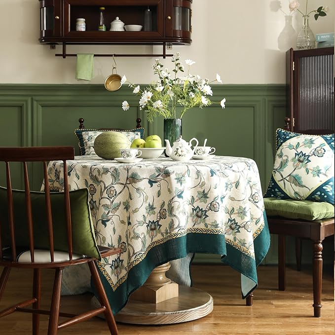 patdrea Designer Green Linen Table Cloth for Rectangle Table,Vintage Floral Pattern Durable Tablecloth,French Cover Decor for Kitchen Dining,Christmas,Thanksgiving,Tea Party,63"x87"-Noah