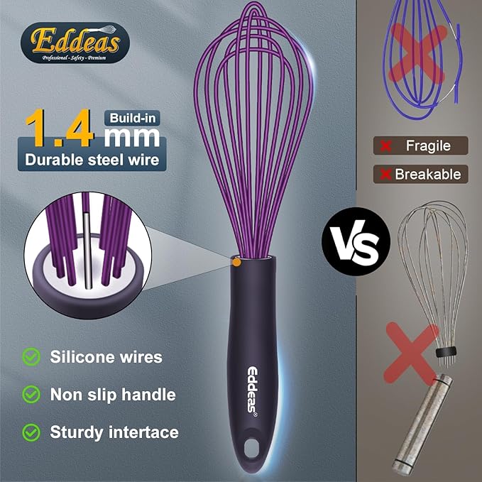Silicone Whisk, Eddeas Whisk Non-Scratch Coated Whisks set of 3-Heat Resistant(450°F) Kitchen Wisk, Balloon Egg whisk Perfect for Blending, Whisking, Beating & Stirring, Purple