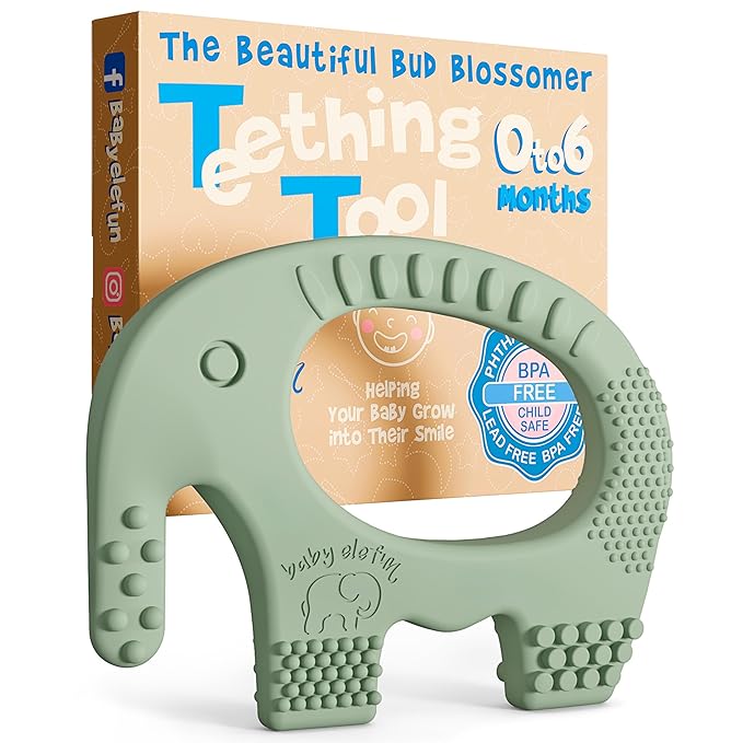 Baby Elefun Baby Teething Toys 5X Pain Relief Zero Delay 0-6 Months, Olive