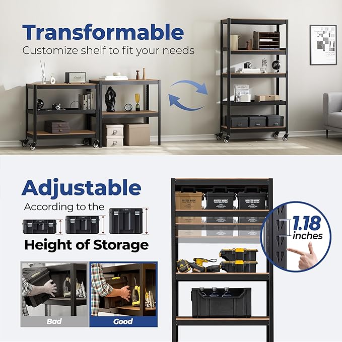 HOMEDANT House 5-Tier Metal Rolling Cart Shelf Rack Casters Heavy Duty Laminated Wheel Shelving Unit Adjustable Utility Storage Shelves Organizer Shelf Kitchen Garage 36.2" W x 16.5" D x 69.5" H 2Pack