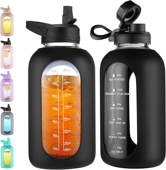 CIVAGO 64 oz Glass Water Bottle Jug with Straw and Handle, Half Gallon Sports Motivational Water Bottle with Time Marker, Wide Mouth Flask Canteen with Silicone Sleeve for Gym, Black