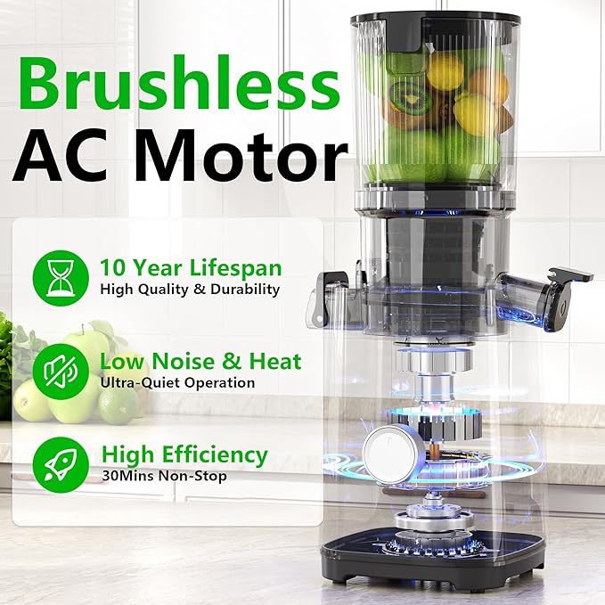 Cold Press Juicer, Juicers Machines - 5.3" Large Feed Chute for Whole Fruits & Vegetables, Powerful AC Brushless Motor, 99% Juice Yield, Ultra Quiet, Easy Clean, Extra one Replace juicer strainer