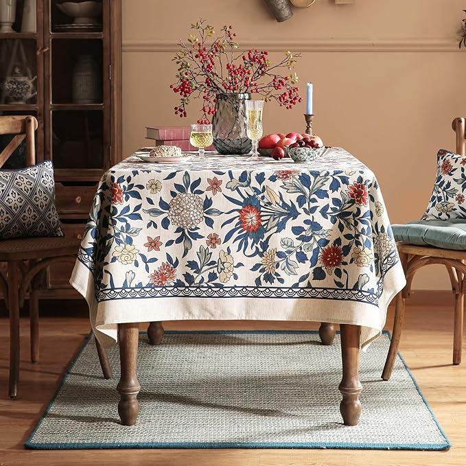 patdrea Designer Small Blue Tablecloth for Square Table,Vintage Linen with Leaves and Floral Pattern Tablecloths,Farmhouse Decor Cover for Kitchen Dining,Christmas,Thanksgiving,55"x55"-Ivar a