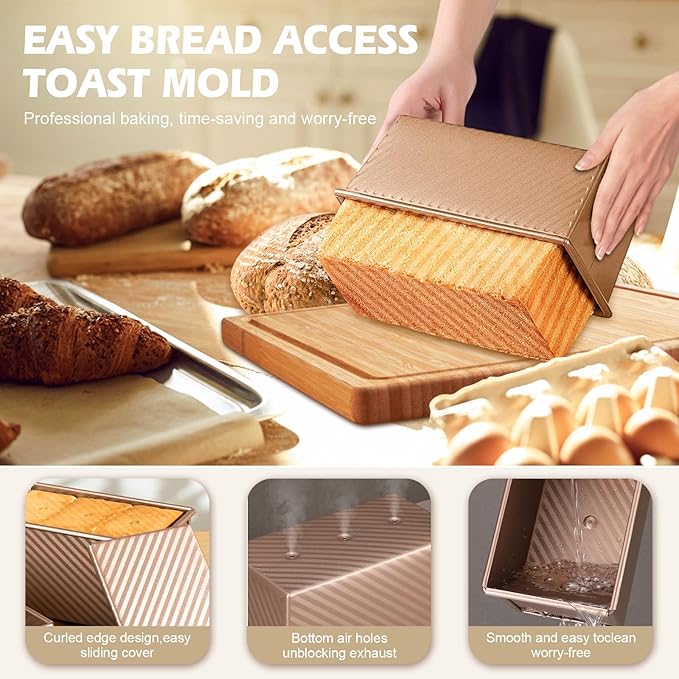 2Pack Loaf Pans with Lids – 2.2 LB & 1 LB Dough Capacity, Non-Stick Carbon Steel Bread Pans for Homemade Sandwich and Sourdough Bread, Corrugated Toast Mold