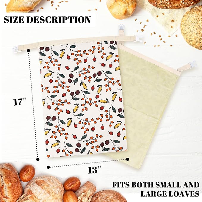 2 Pack Beeswax Bread Bags - 17x13 Inch Reusable Bread Storage Bags,Bees Wax Lined Bread Bags for Home Cooks fresh bread storage Easy Clean (Berry orange)