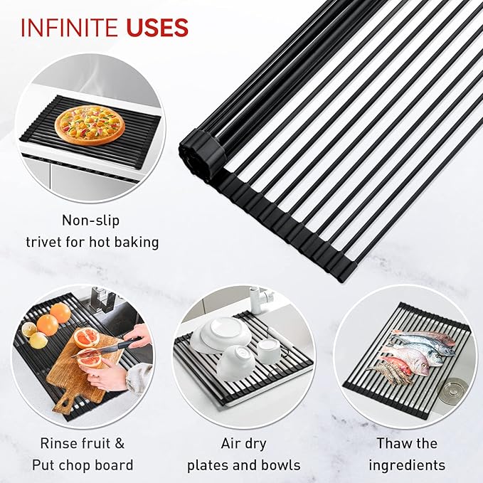 MERRYBOX 20.5" x 13" Roll Up Dish Drying Rack Silicone Wrapped Over The Sink Dish Drying Rack Multipurpose Foldable Sink Drying Mat, Heat-Resistant & Anti-Rust Dish Rack for Kitchen Sink, Large, Black