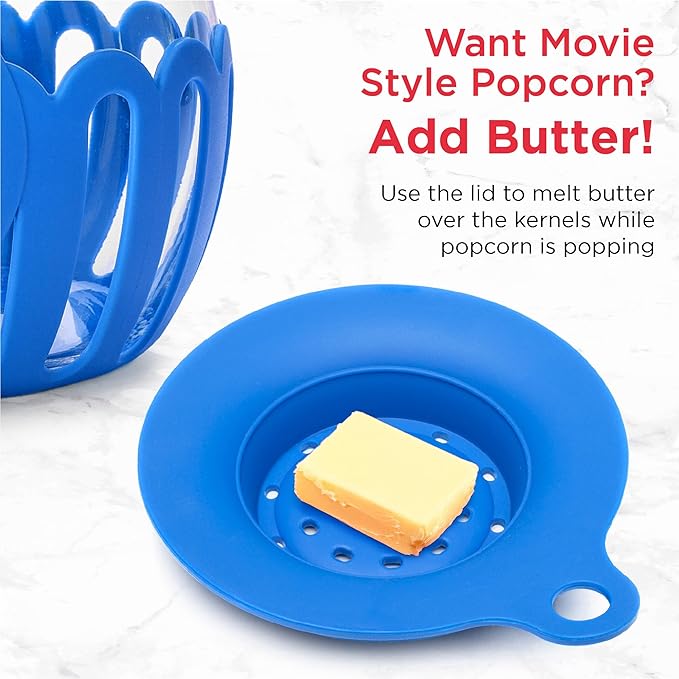 Ecolution Patented Micro-Pop Microwave Popcorn Popper with Temperature Safe Glass, 3-in-1 Lid Measures Kernels and Melts Butter, Made Without BPA, Dishwasher Safe, 3-Quart, Blue
