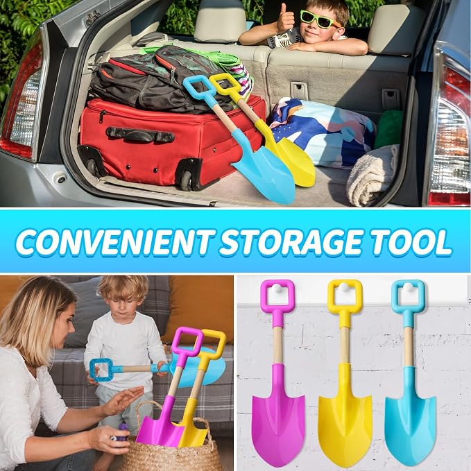 16" Jumbo Beach Sand Shovels Toys for Kids, Pink Gardening Tool Kits, Sturdy Long Wooden Spade for Sand Snow Digging, ABS Plastic Scoops Gift for Summer Winter Camping Backyard Planting (3PCS)