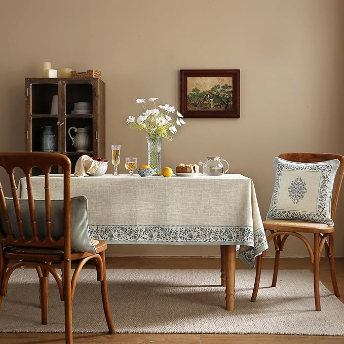 ISAENNE Designer Vintage Linen Elegant Rectangle Tablecloth,Chinoiserie Floral Table Cloth,Wrinkle Resistant Decor Table Cover for Dining Thanksgiving Kitchen Party,55"*71"-Segerman B