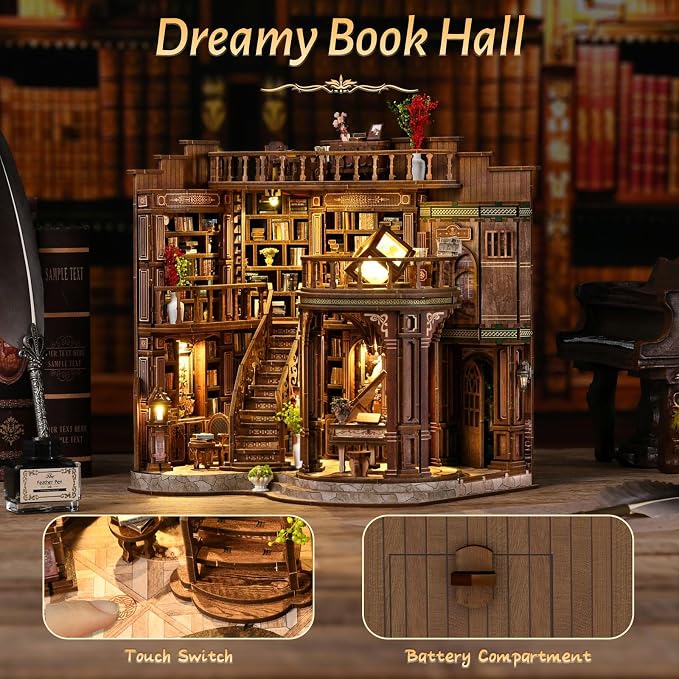 DIY Miniature House Kit, Book Nook Kit, 3D Wooden Puzzles Bookshelf Craft Kits, Dollhouse Kit with LED Light, Mini Building Kit for Adults Teen to Build (Dreamy Book Hall)